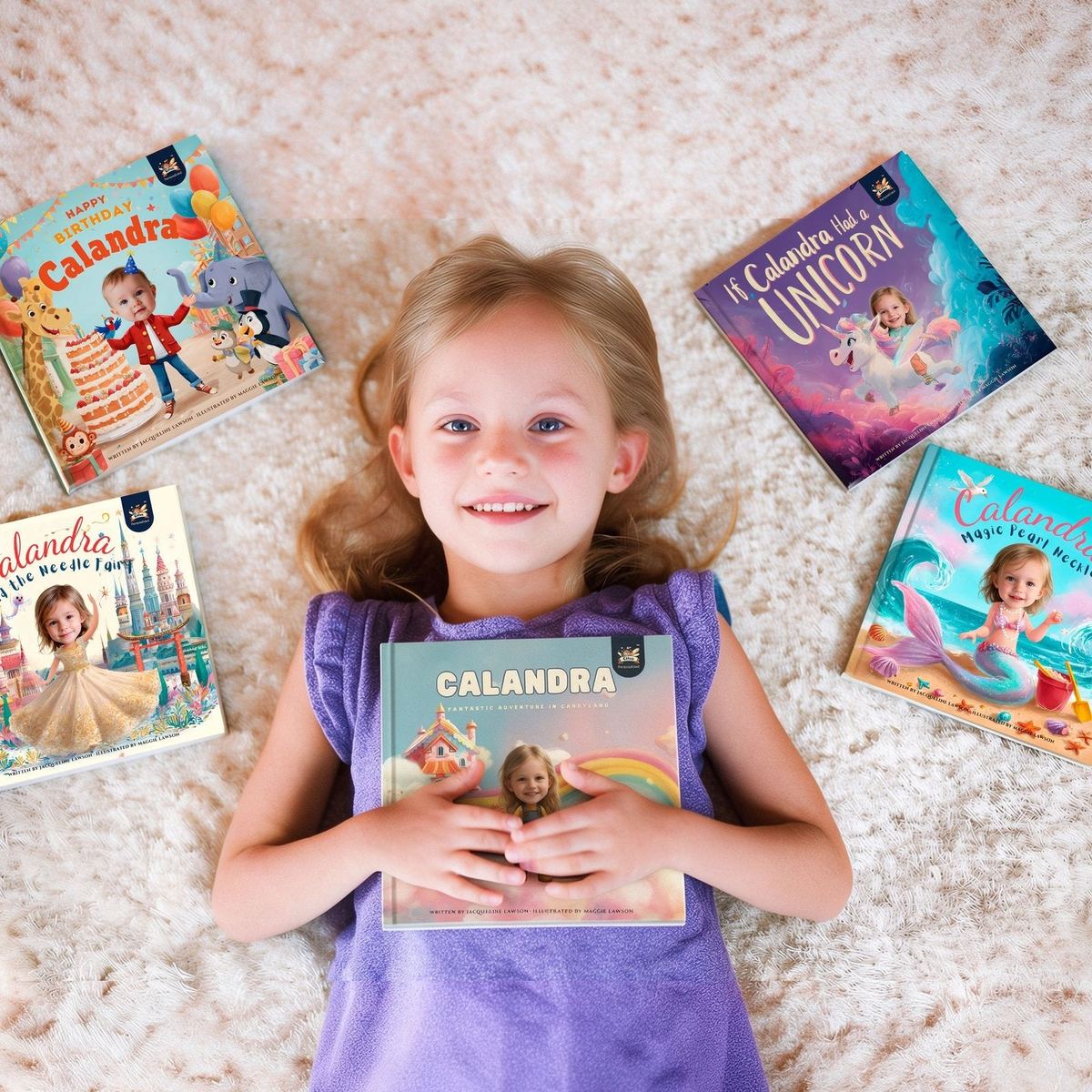 Smiling girl lying on a rug holding her personalized Elfink storybook, surrounded by four more books with her name and photo on the covers