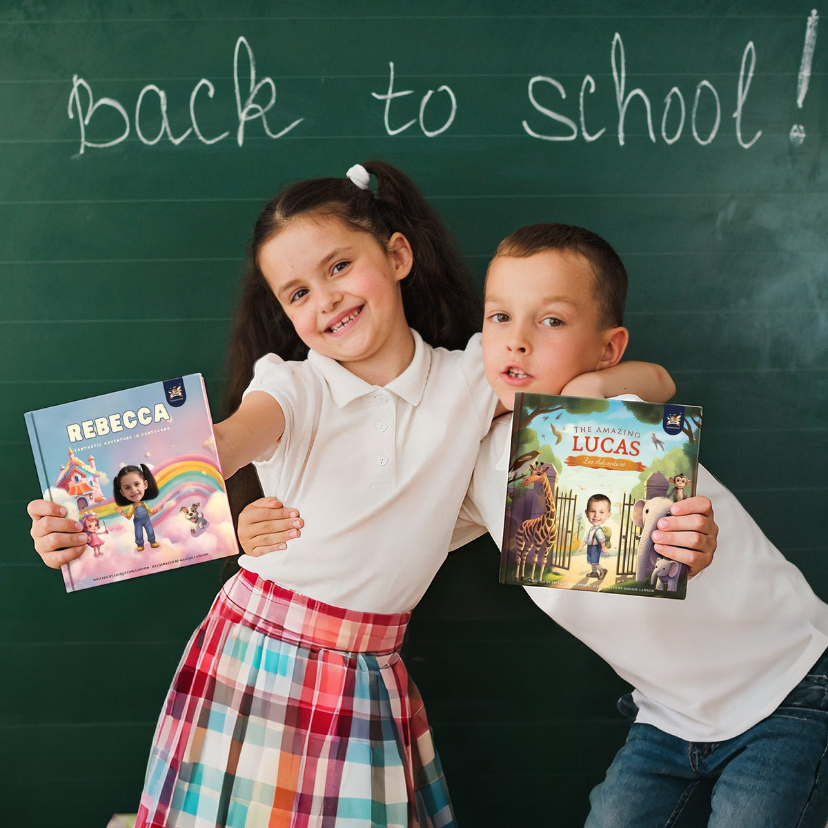 Smiling girl and boy in front of a Back to School chalkboard, each holding a personalized Elfink storybook with their own name and photo on the cover