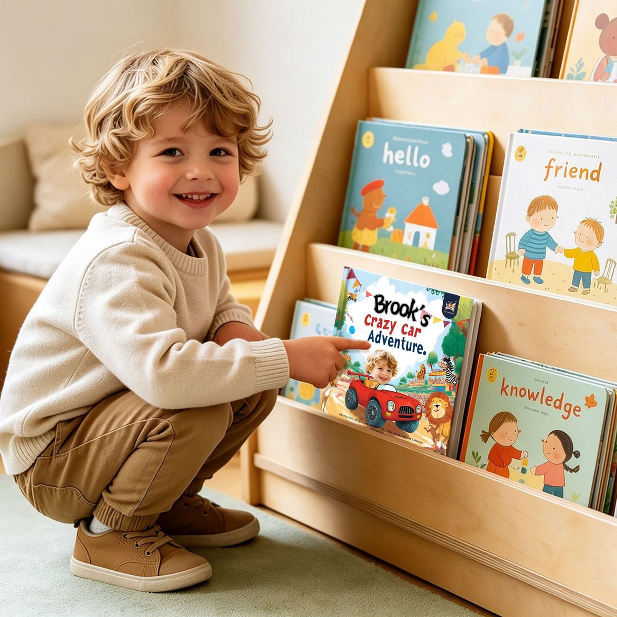 Smiling toddler pointing at his personalized Elfink book, Crazy Car Adventure, on a bookshelf next to traditional picture books