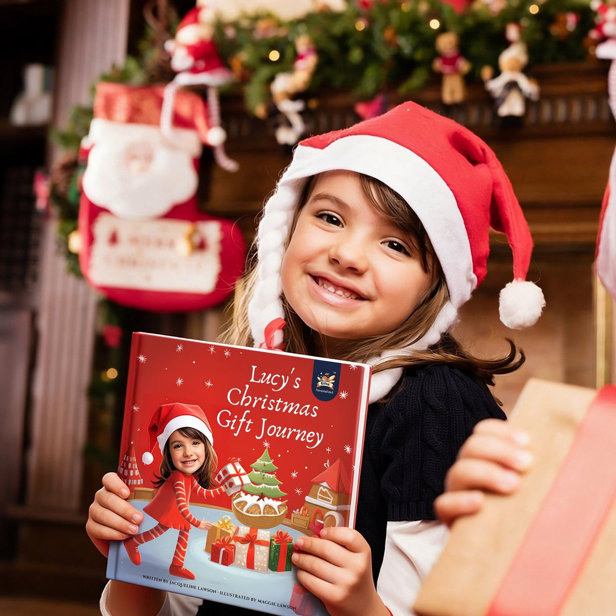 Smiling girl in a Santa hat by the fireplace holding her personalized Elfink book Lucy's Christmas Gift Journey with her own face on the cover