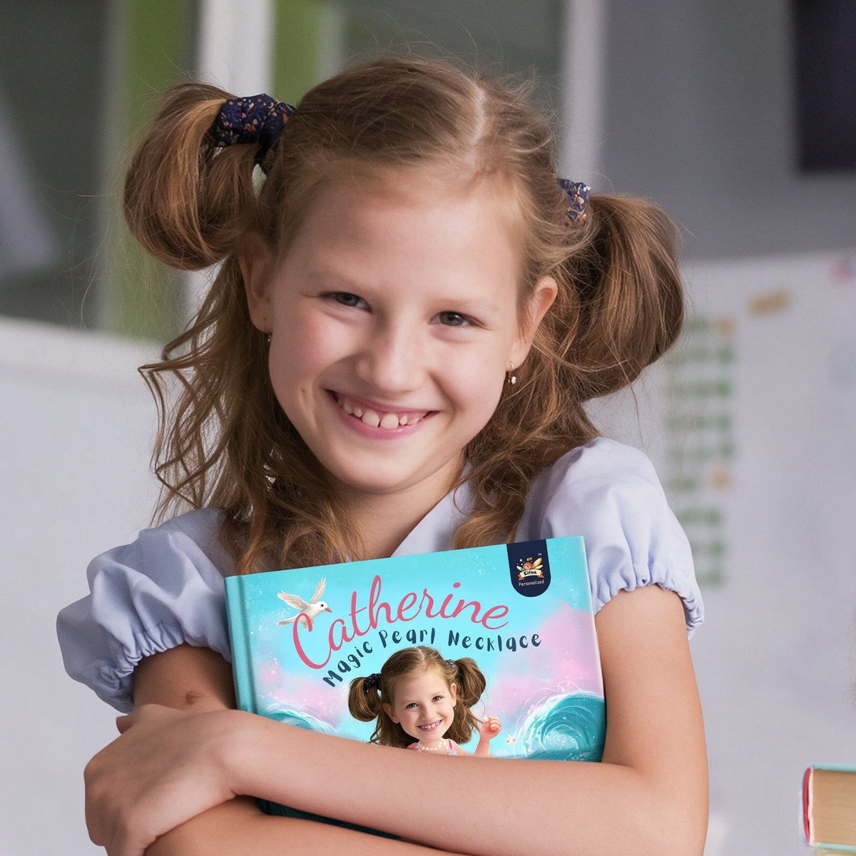 Smiling girl hugging her personalized Elfink Magic Pearl Necklace storybook with her name Catherine and her own photo on the cover