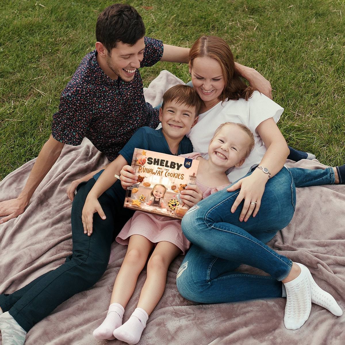 Family laughing on a picnic blanket in the grass while the kids hold a personalized Elfink storybook, Shelby and the Runaway Cookies, with the girl's photo on the cover