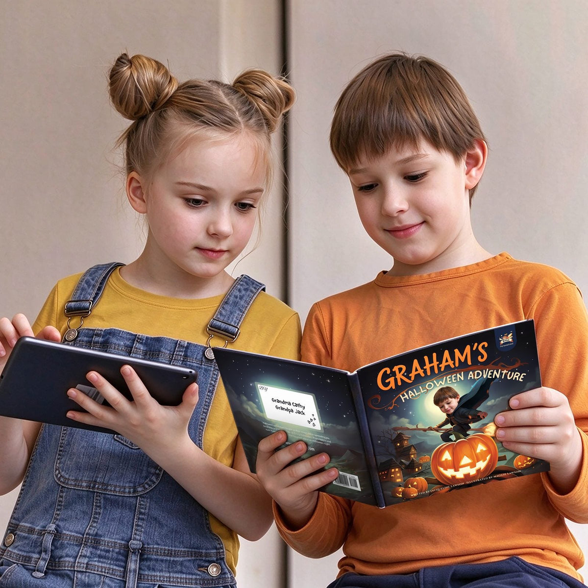 Girl with a tablet and boy reading his personalized Elfink storybook, Graham's Halloween Adventure, with his own name and photo on the cover